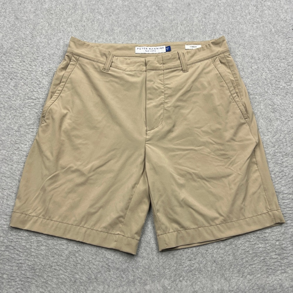 Peter Manning Tech Shorts Mens 28W Khaki Tan Stretch 7 Inch Inseam Chino‎ PMNYC
